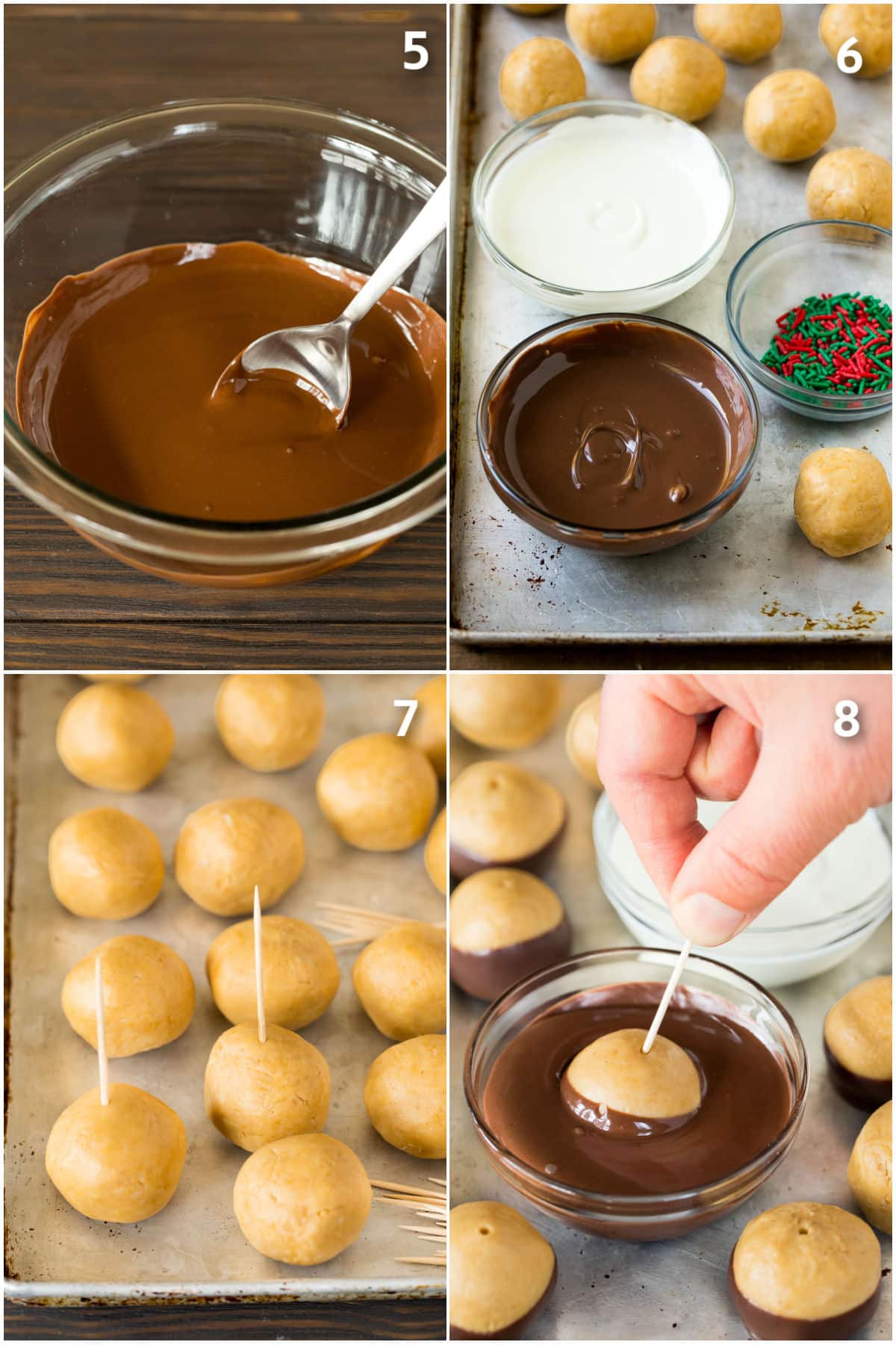 Process photos showing peanut butter balls being dipped in chocolate.