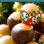 This recipe for buckeye balls is classic peanut butter balls dipped in dark or white chocolate and coated with sprinkles.