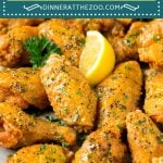 These lemon pepper wings are crispy fried chicken wings brushed with lemon pepper butter.