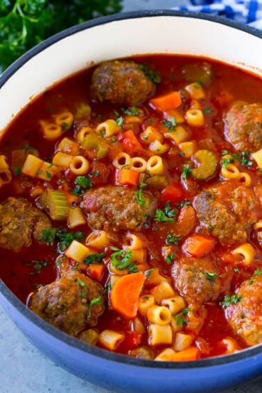 Italian meatball soup with beef meatballs, ditalini pasta and vegetables in a tomato broth.