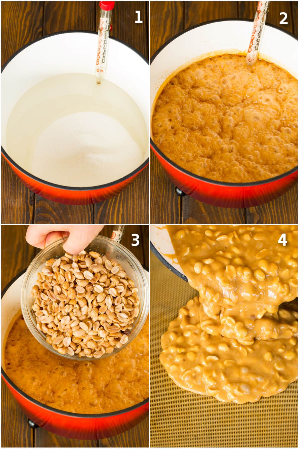 Process shots showing how to make peanut brittle.