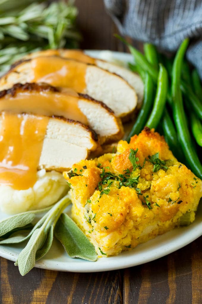 Cornbread stuffing served with turkey and green beans.