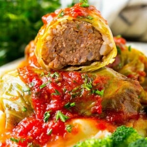 Stuffed cabbage rolls filled with beef and rice then topped with homemade tomato sauce.