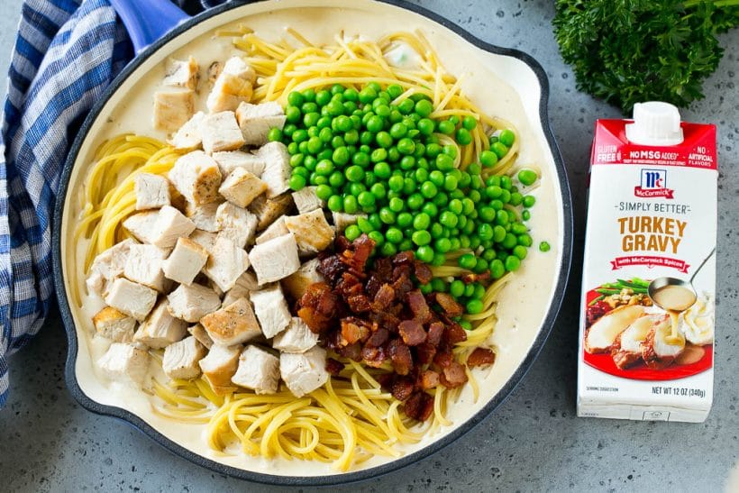 A pan of pasta in creamy sauce, topped with turkey, peas and bacon.