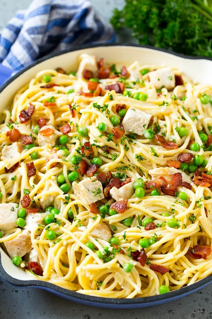 A skillet of turkey pasta carbonara with peas and bacon in a creamy sauce.