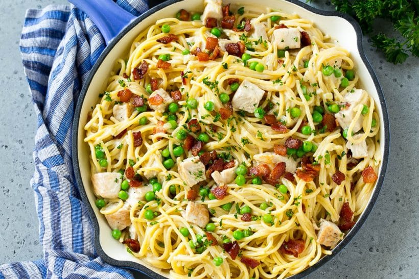 A pan of turkey carbonara pasta with bacon, peas and fresh parsley.