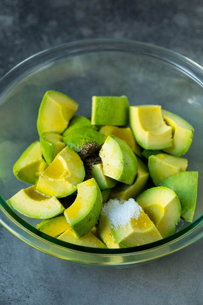 Cubed avocado with olive oil, salt and pepper.