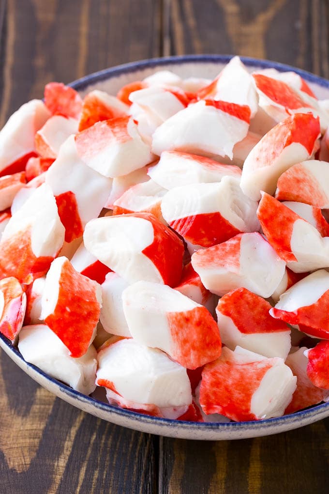 Imitation crab flakes in a bowl.