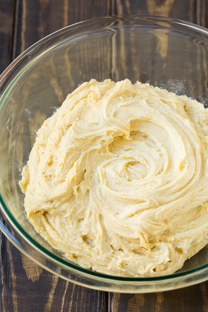 Cookie dough in a mixing bowl.