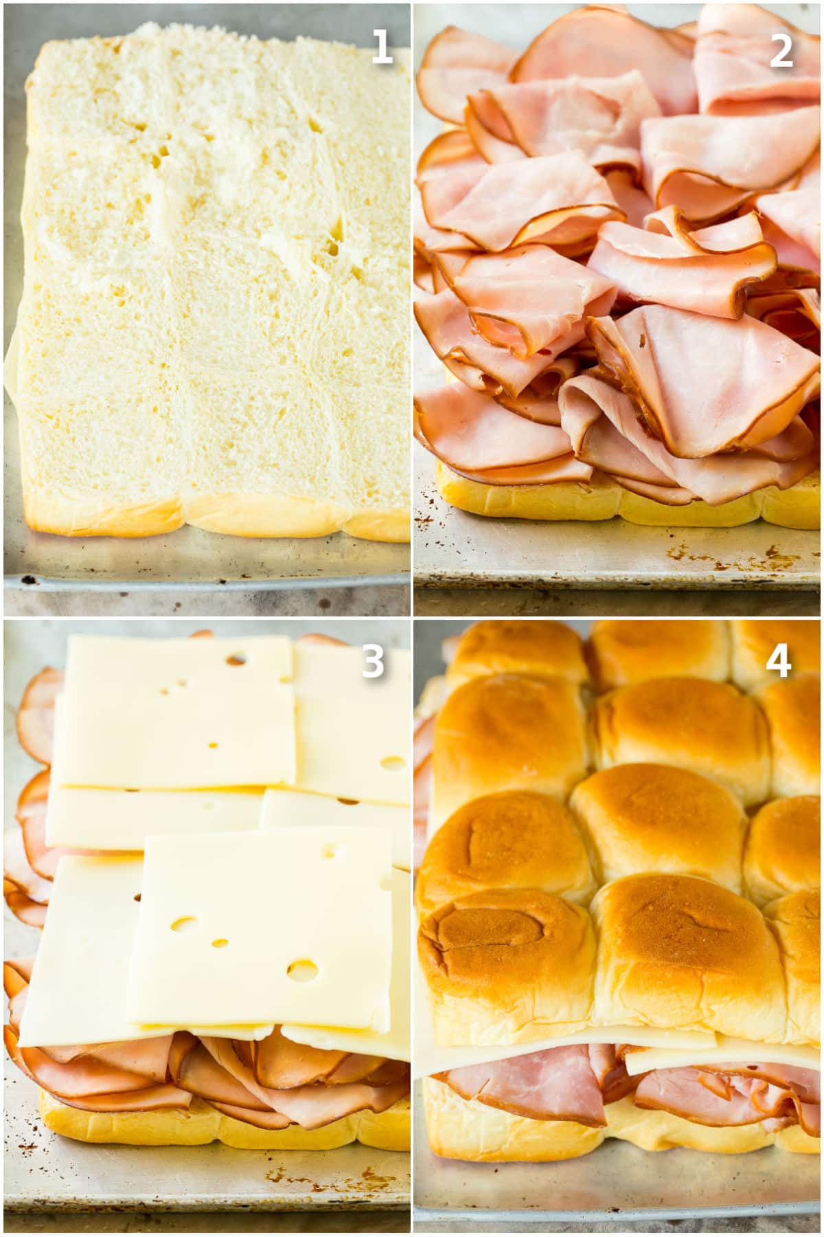 Process shots showing how to assemble ham and cheese sliders.