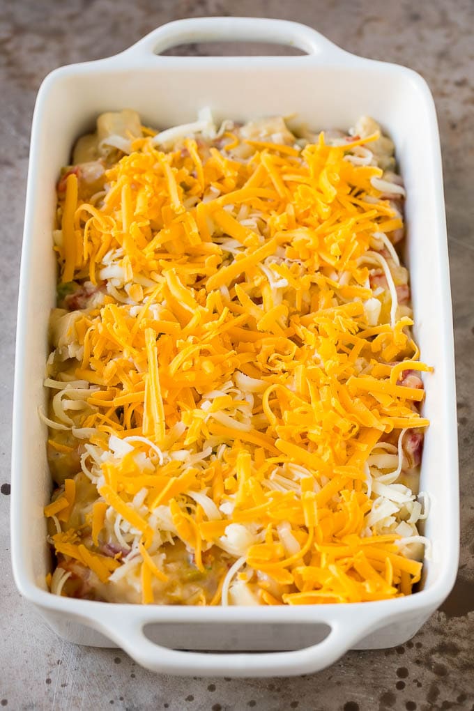 Unbaked King Ranch chicken casserole ready for the oven.