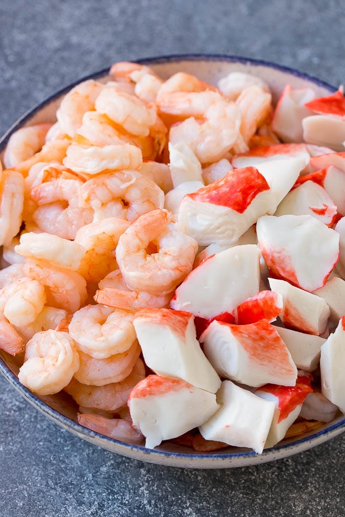 Imitation crab and shrimp in a serving bowl.