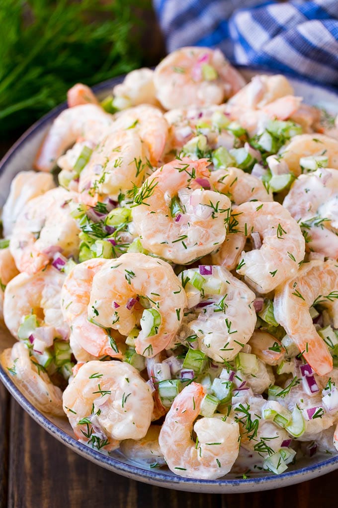 Shrimp salad with celery, red onion, dill and seasonings in a creamy dressing.