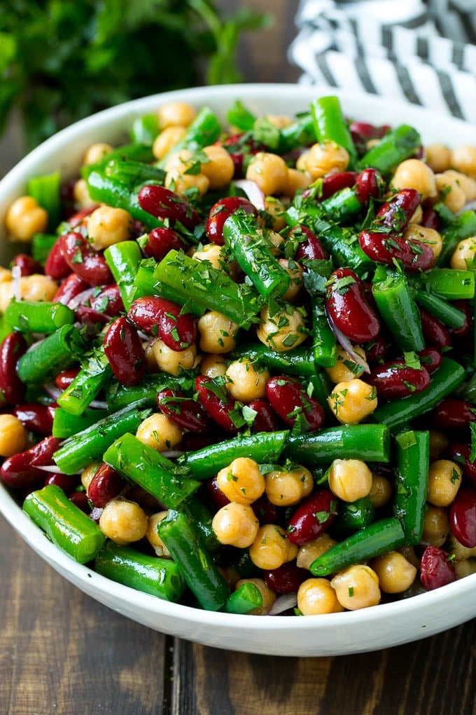 Three bean salad with green beans, garbanzo beans and kidney beans in a homemade dressing.