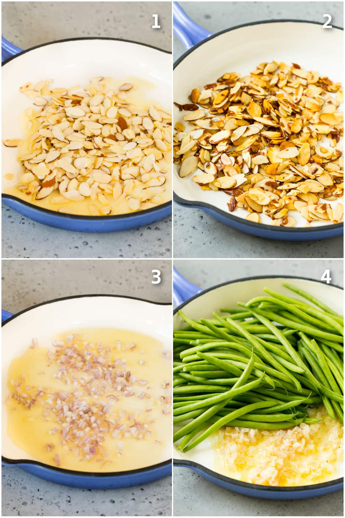 Step by step process shots showing how to cook almonds, shallots and green beans.