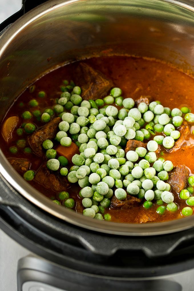 Frozen peas in Instant Pot beef stew.