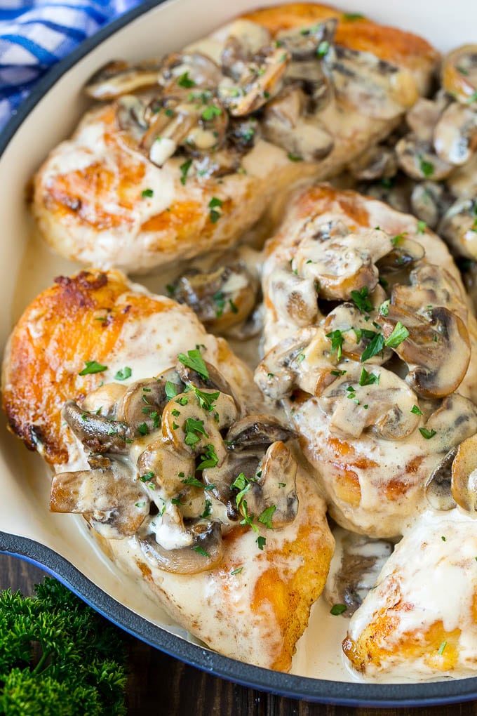 A pan of Instant Pot chicken with a creamy mushroom sauce.