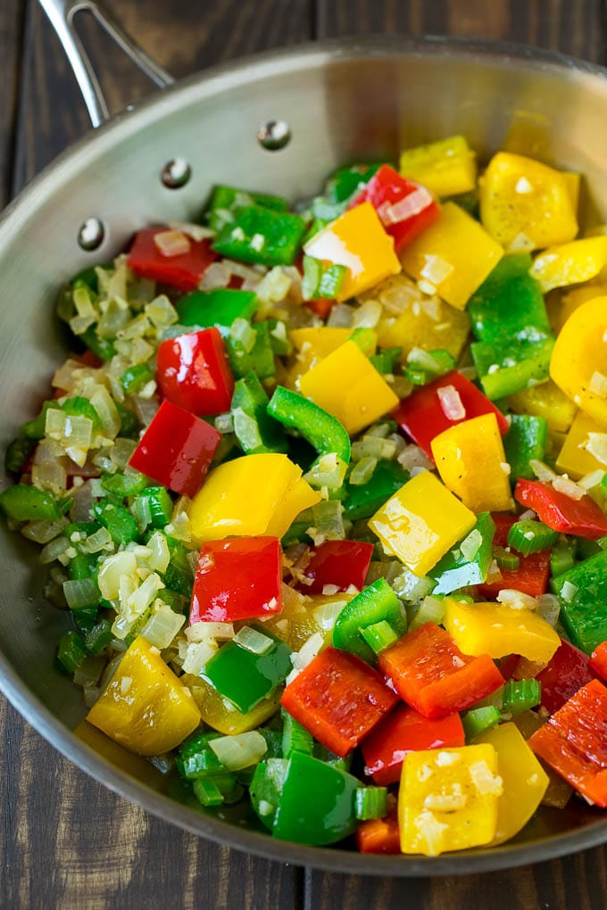 Bell peppers, onion and garlic in a skillet.