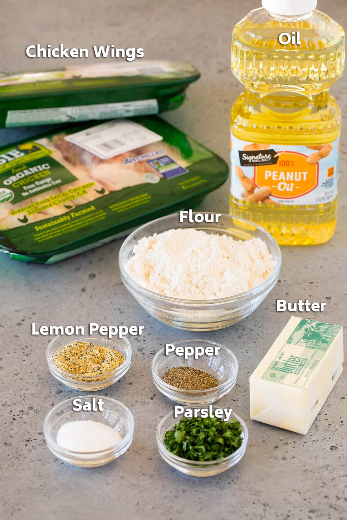Ingredients including chicken wings, butter, flour and seasonings.