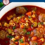 This Italian meatball soup is tender beef meatballs, vegetables and pasta, all simmered in a rich tomato broth.