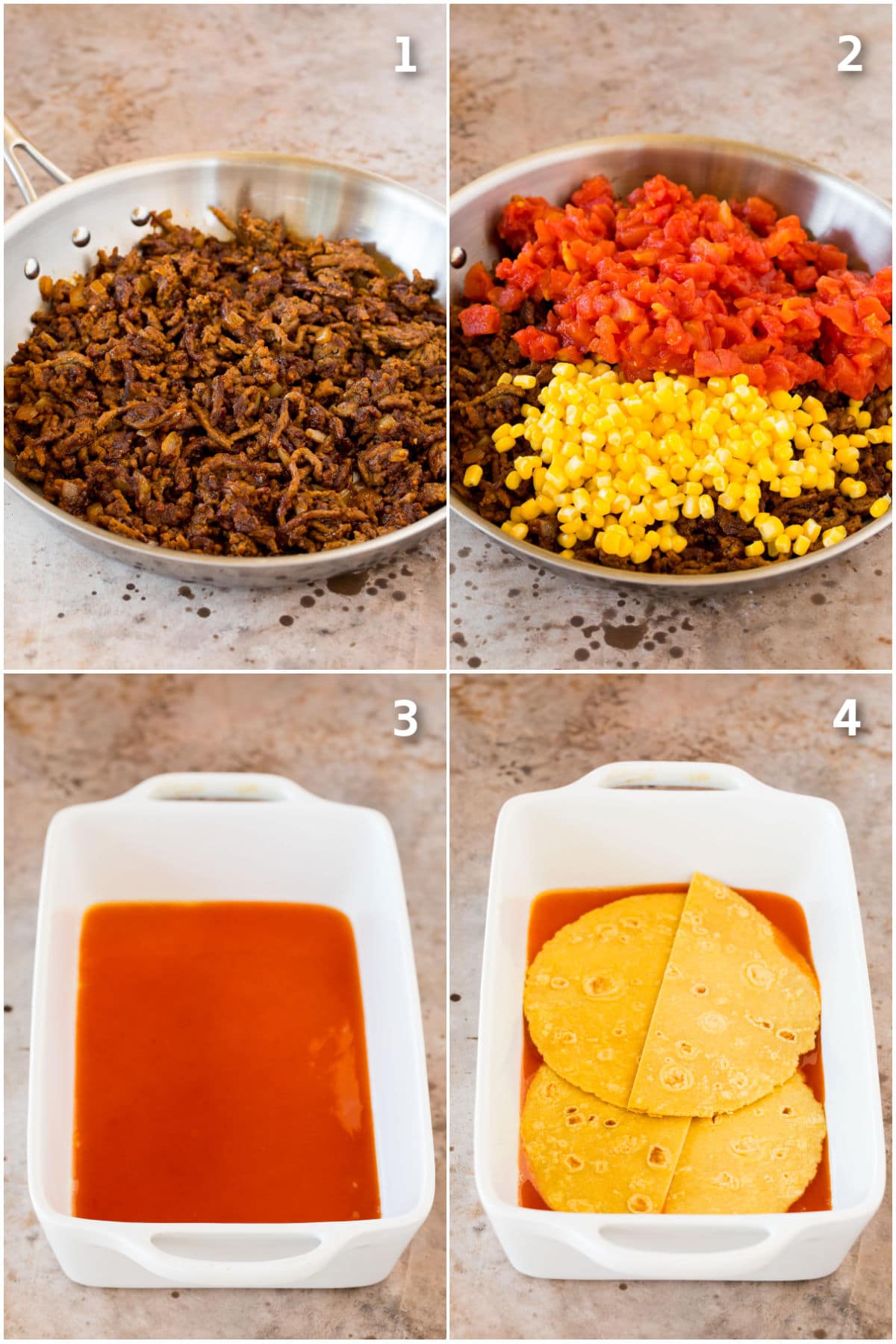 Process shots showing beef and vegetables being cooked and casserole assembly.