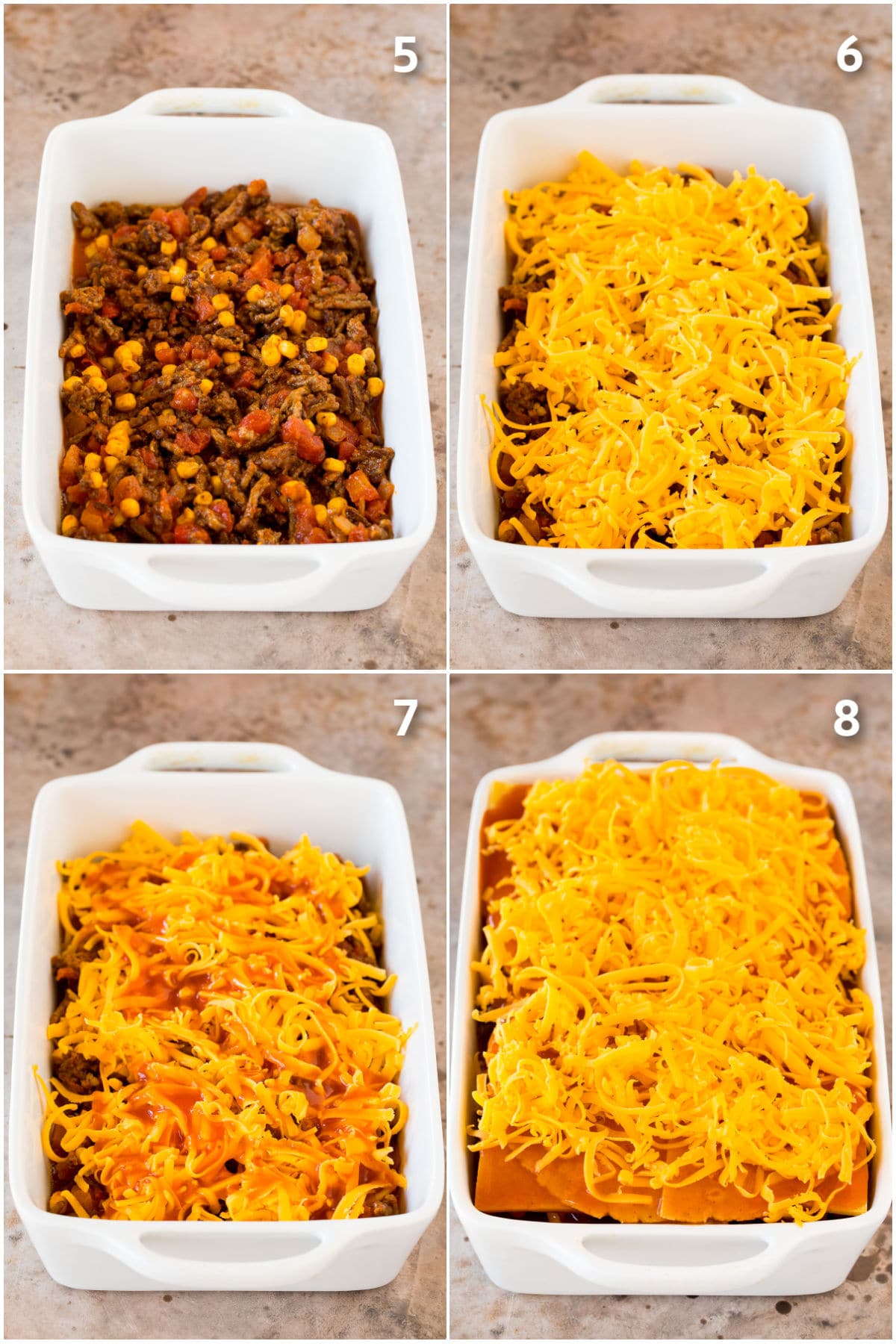 Layers of meat, cheese and sauce going into a casserole dish.