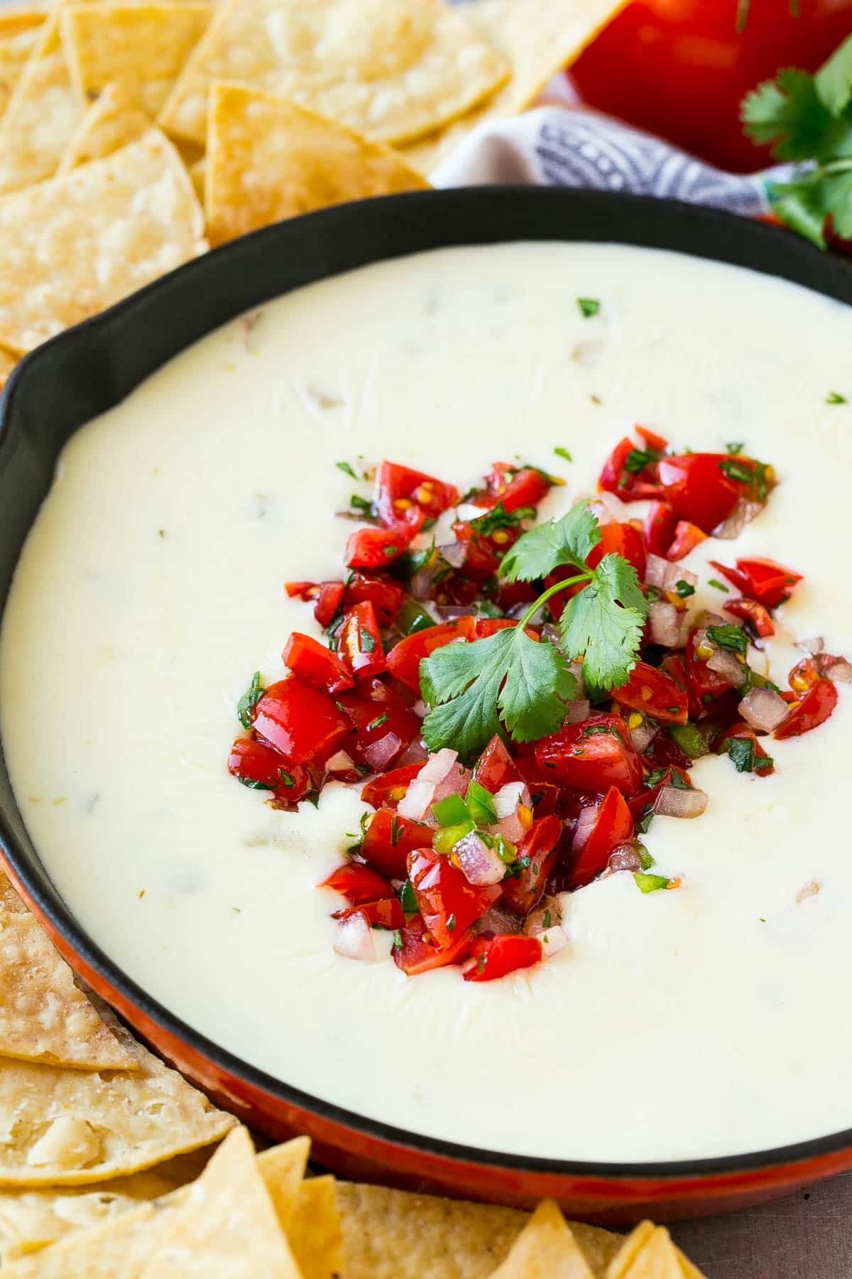 A pan of queso dip topped with pico de gallo.