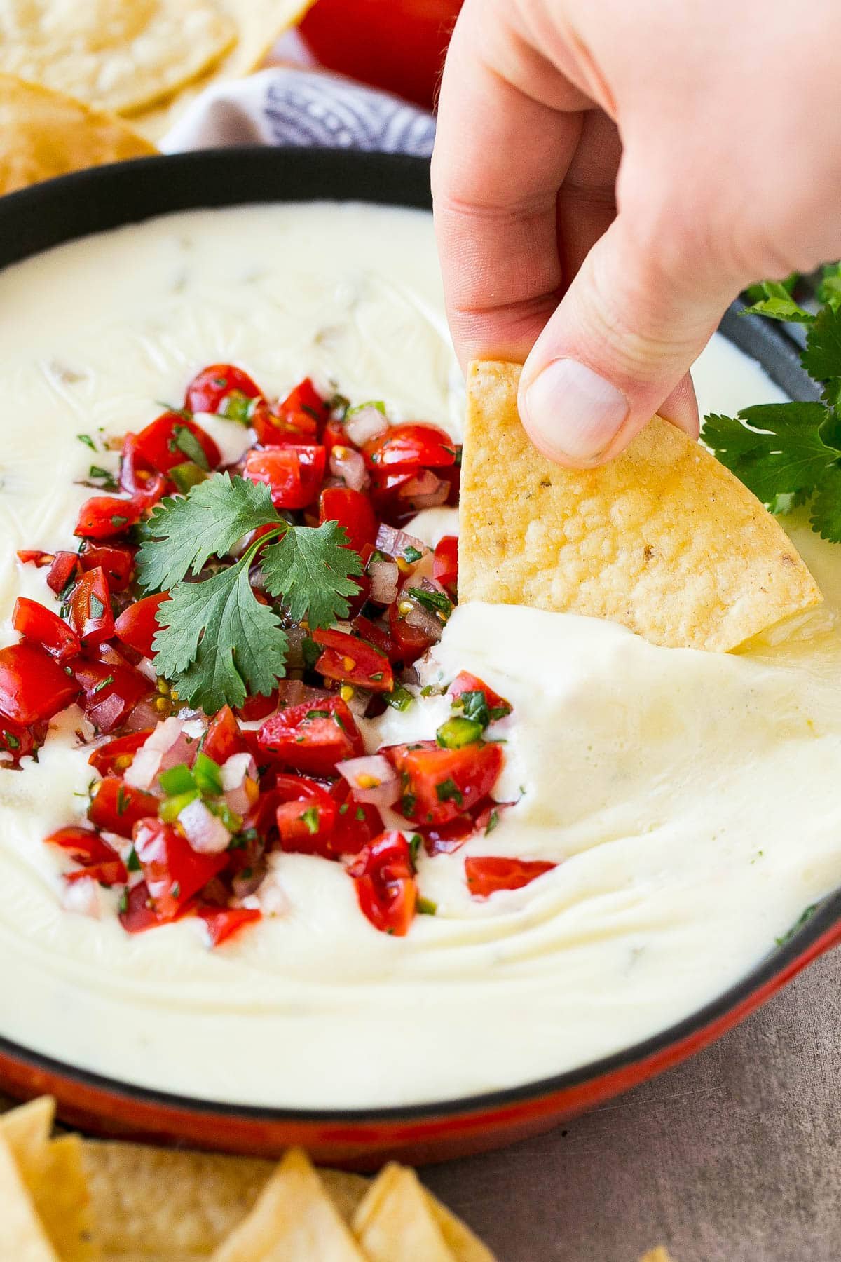 A tortilla chip in a pan of white queso dip.