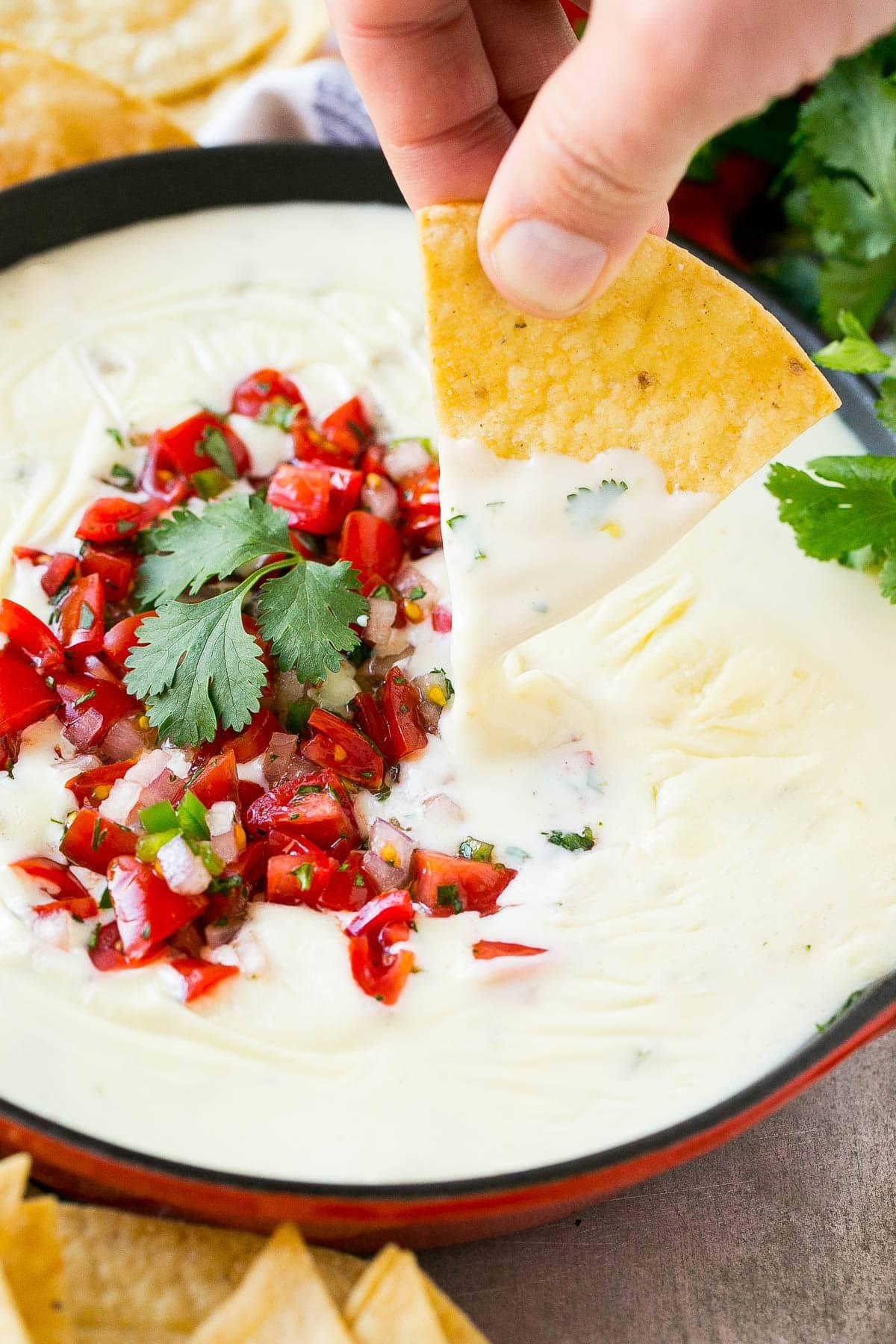 A hand with a chip scooping up a serving of white queso dip.