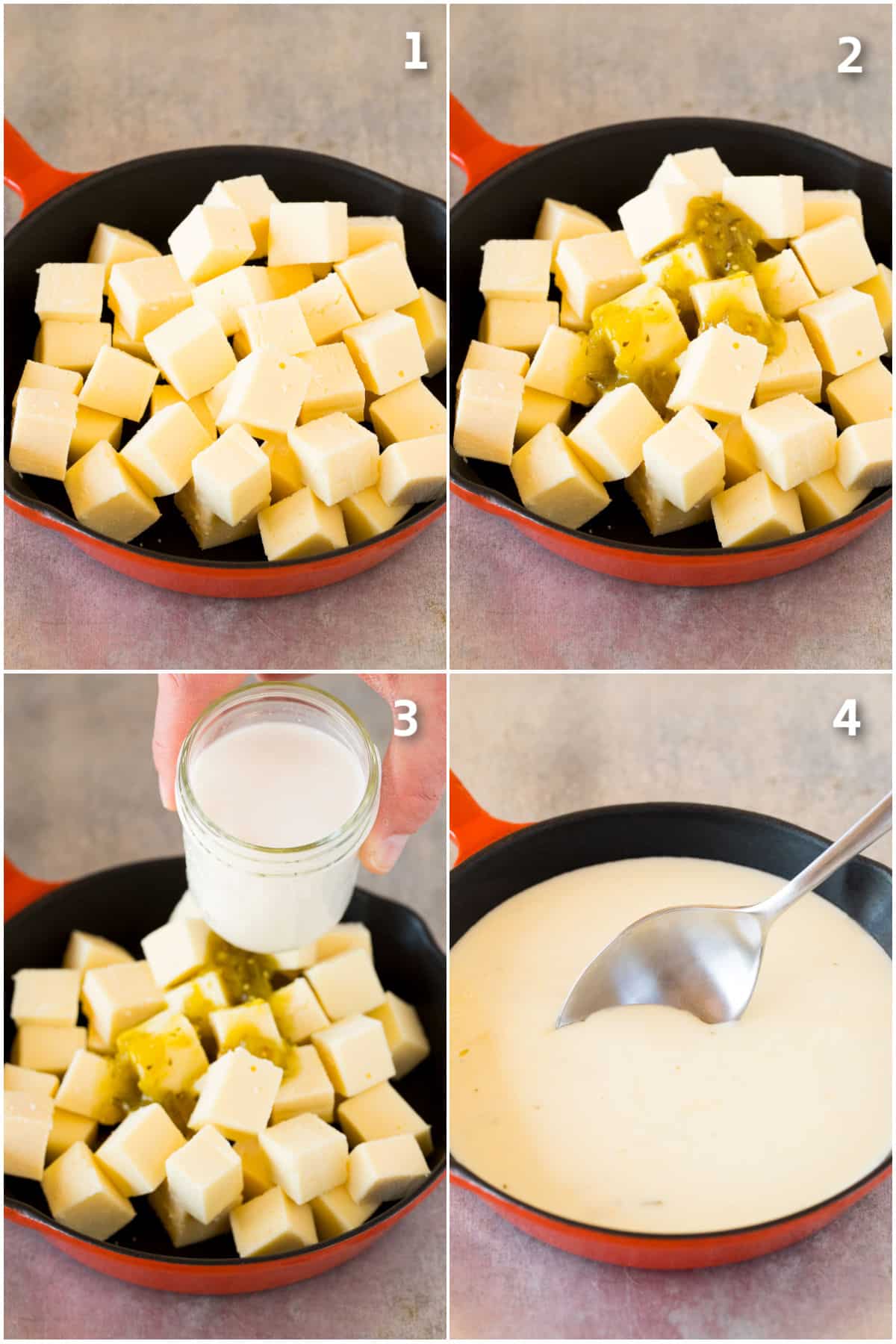Step by step process shots showing how to make cheese dip.