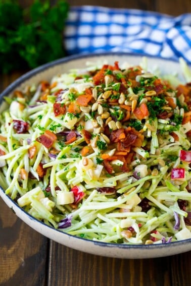 Broccoli slaw with apples, sunflower seeds and bacon, all tossed in a creamy dressing.