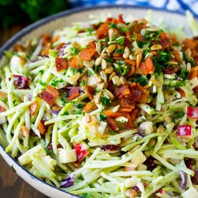 Broccoli slaw with apples, sunflower seeds and bacon, all tossed in a creamy dressing.