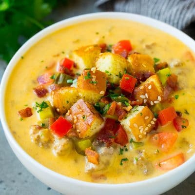 A bowl of cheeseburger soup