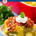 This chile relleno casserole is whole green chiles stuffed with Monterey Jack cheese, then baked in an egg batter and covered in more cheese and fresh cilantro.