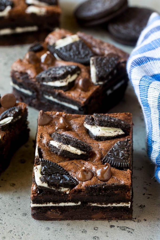 Oreo brownies with layers of cookies between a rich fudgy dough.