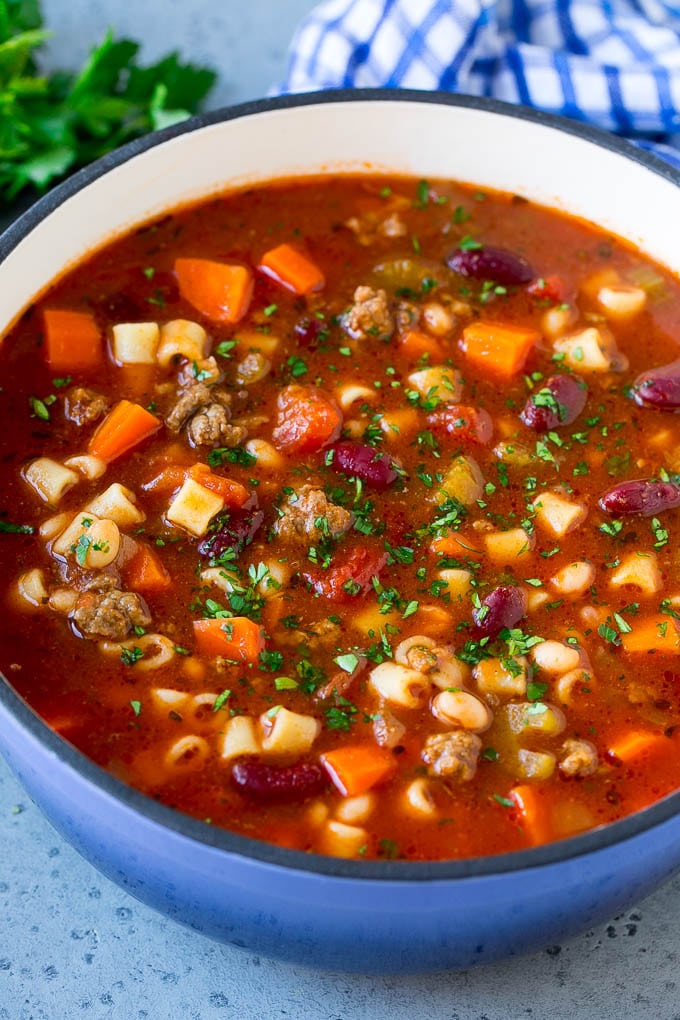 A pot of pasta e fagioli soup made with ground beef, vegetables, beans and pasta.