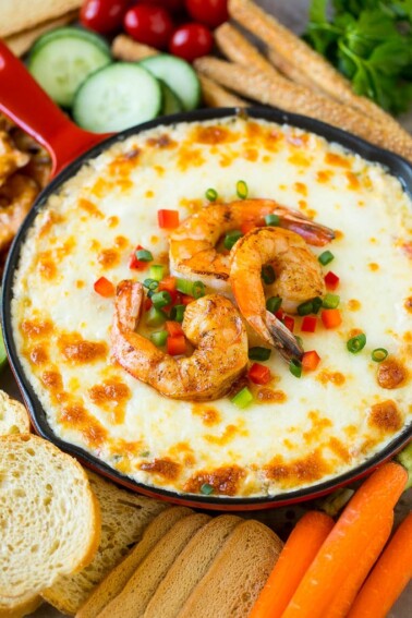 Hot shrimp dip with three types of cheese and Cajun seasoning.