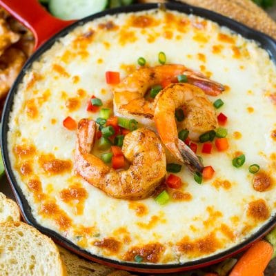 Hot shrimp dip with three types of cheese and Cajun seasoning.