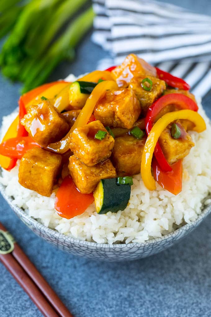 Tofu stir fry served over steamed rice.