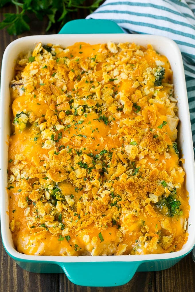 Baked chicken casserole with a crunchy cheesy topping.