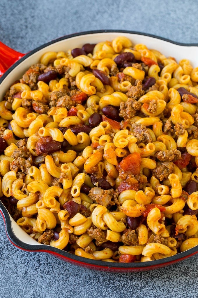 Chili mac made with beef, beans, tomatoes and spices.