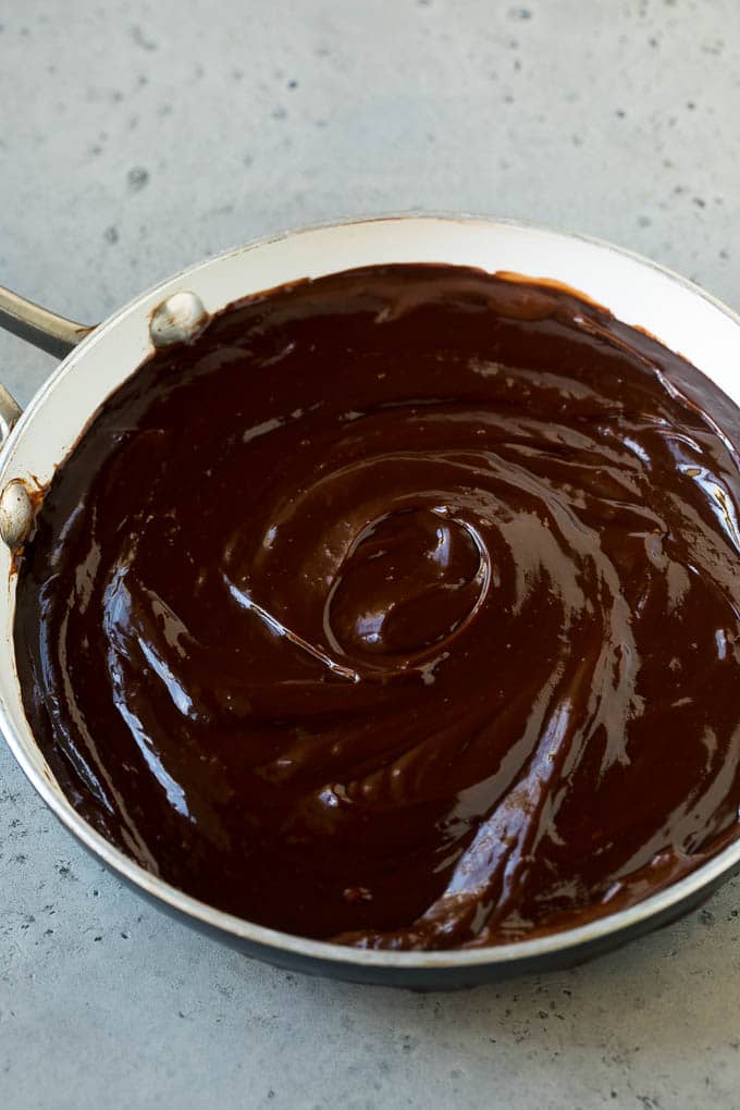 Melted chocolate in a skillet.