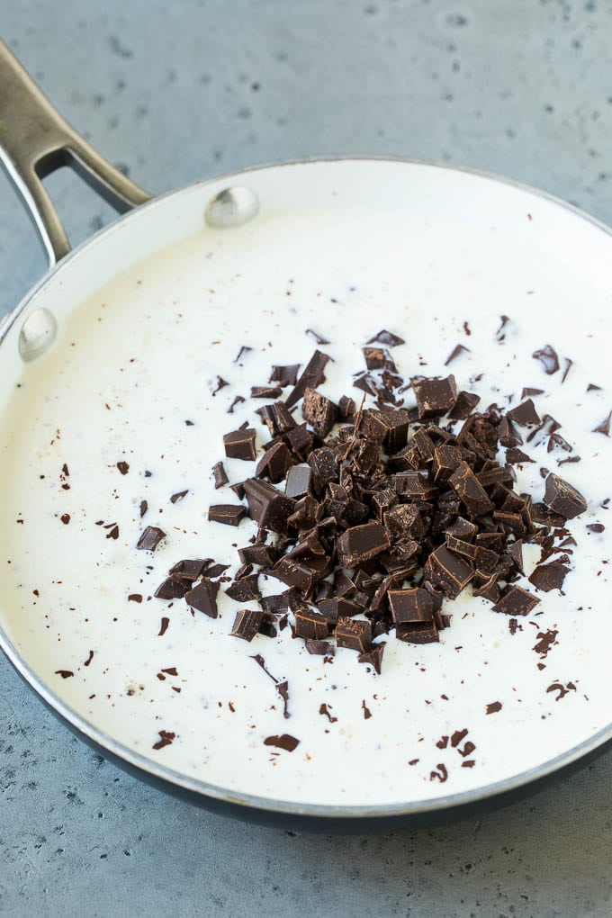 Chopped chocolate and heavy cream in a skillet.
