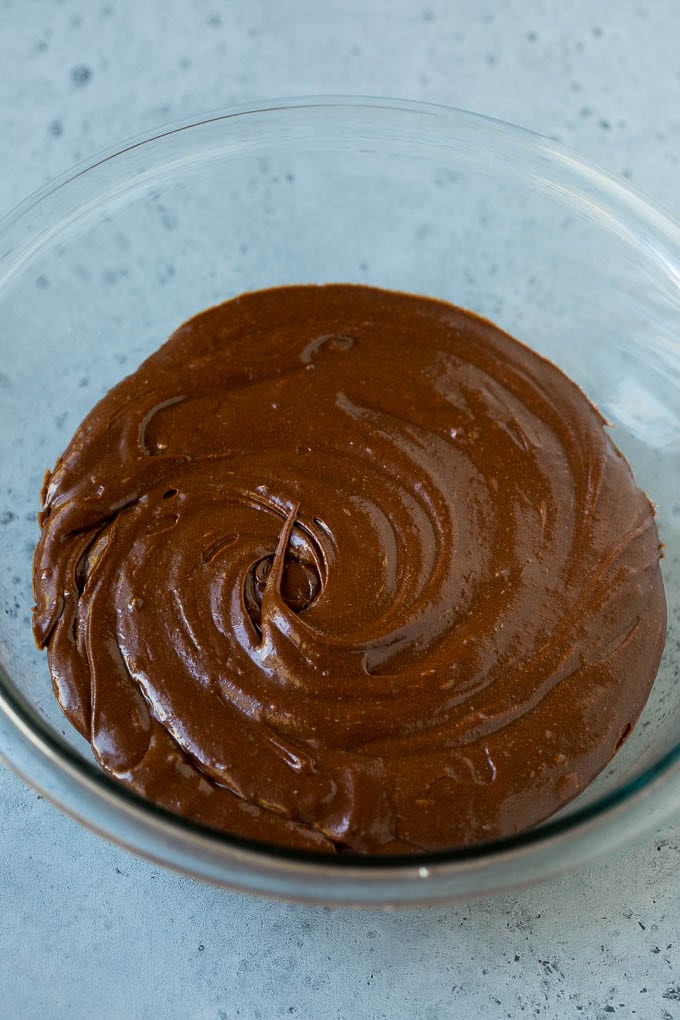 Cosmic Brownies Recipe | Cocoa Brownies | Frosted Brownies #brownies #chocolate #dessert #dinneratthezoo #sprinkles A bowl of cocoa brownie batter.
