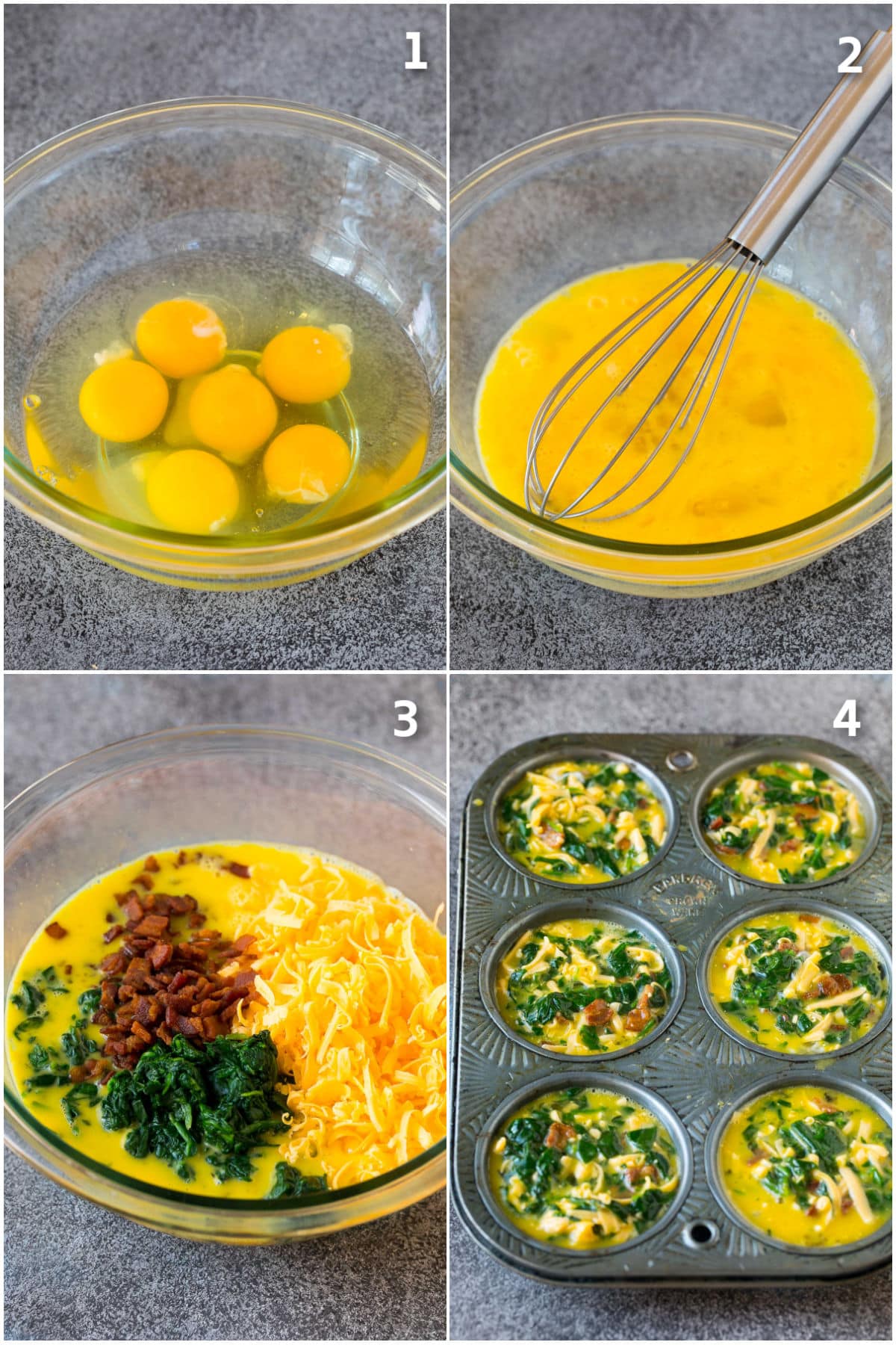 Step by step process shots showing how to make egg muffins.