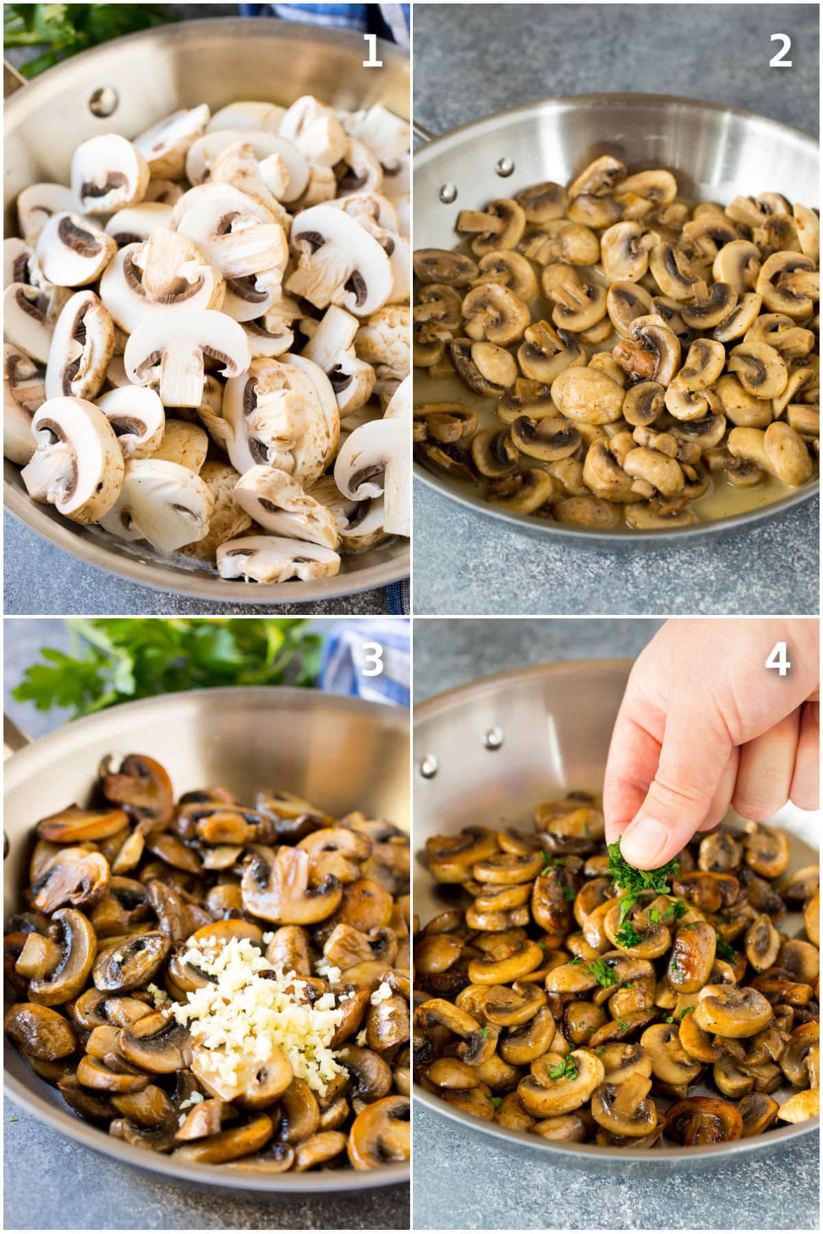 Step by step shots showing how to saute mushrooms.