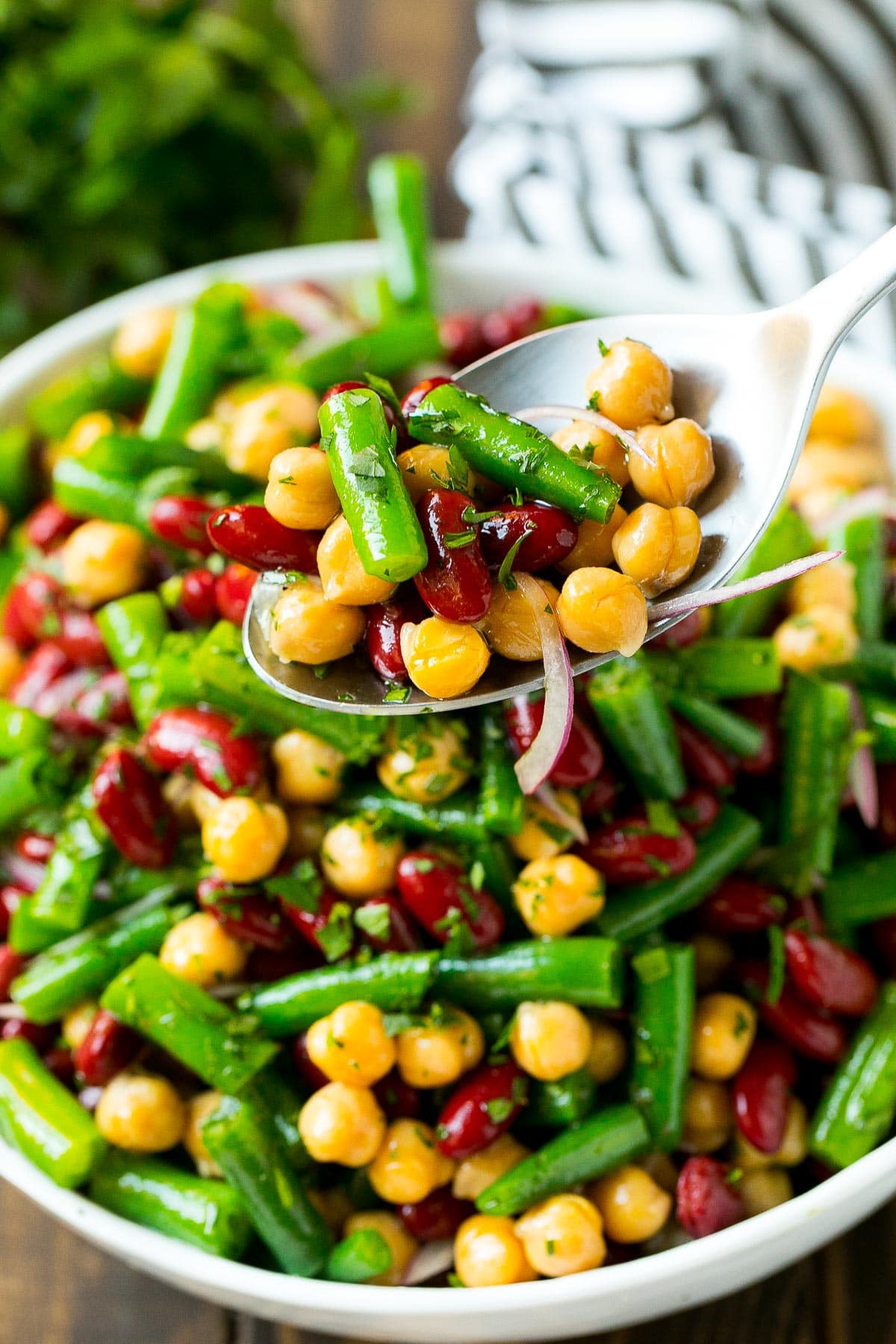 A spoon holding up a serving of three bean salad.