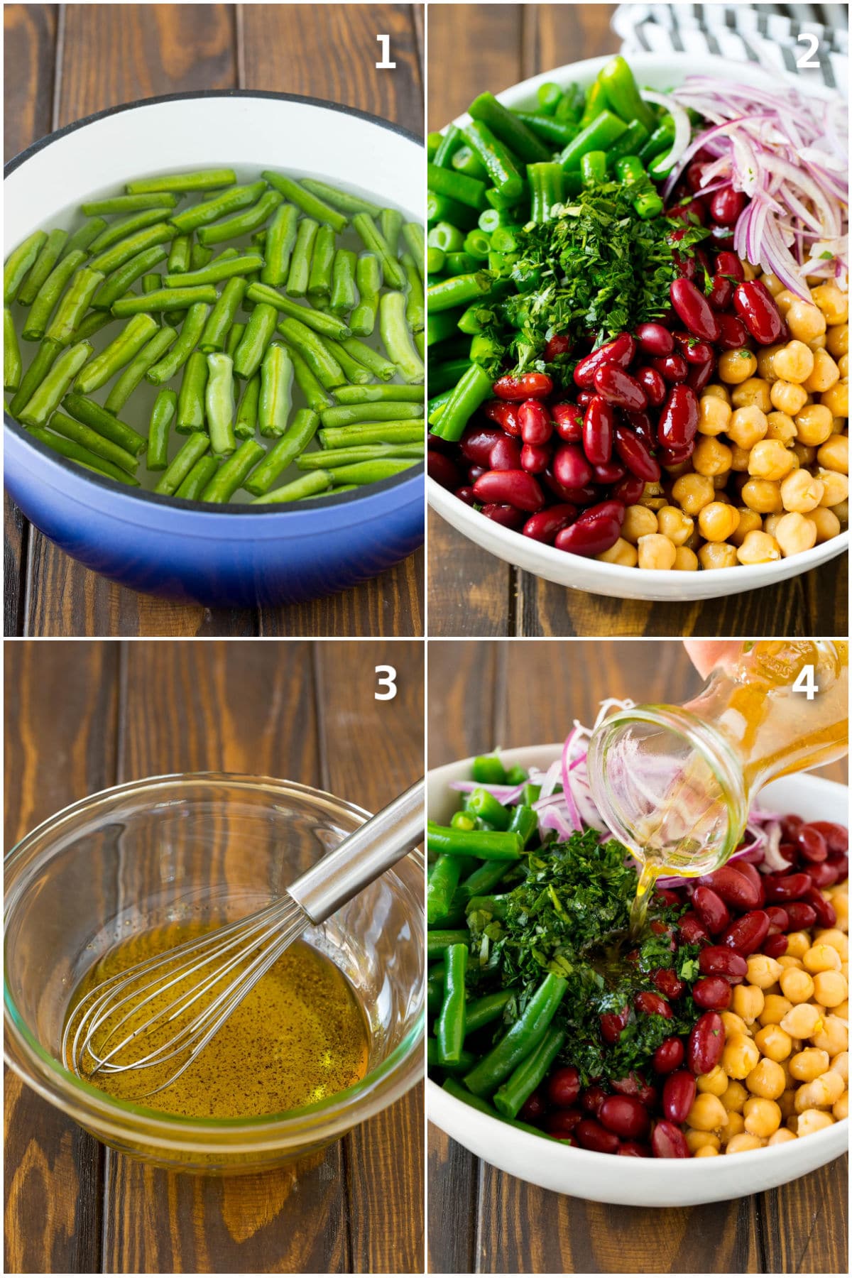 Process shots showing how to make three bean salad.