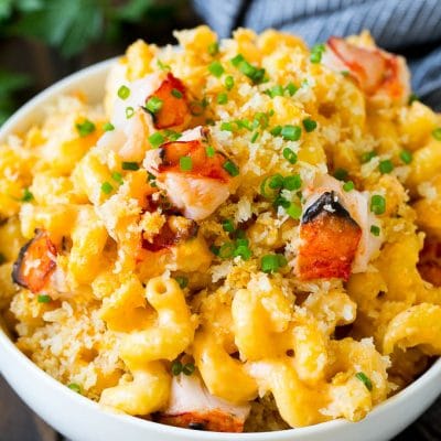 Lobster mac and cheese topped with crispy breadcrumbs.