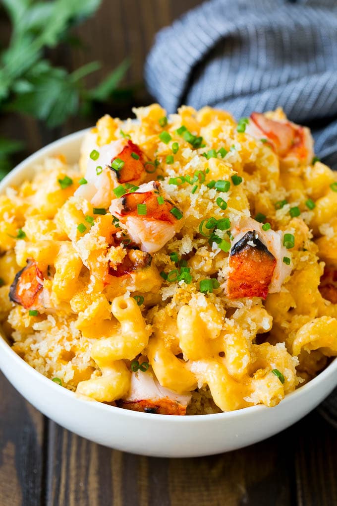 Lobster mac and cheese topped with crispy breadcrumbs.